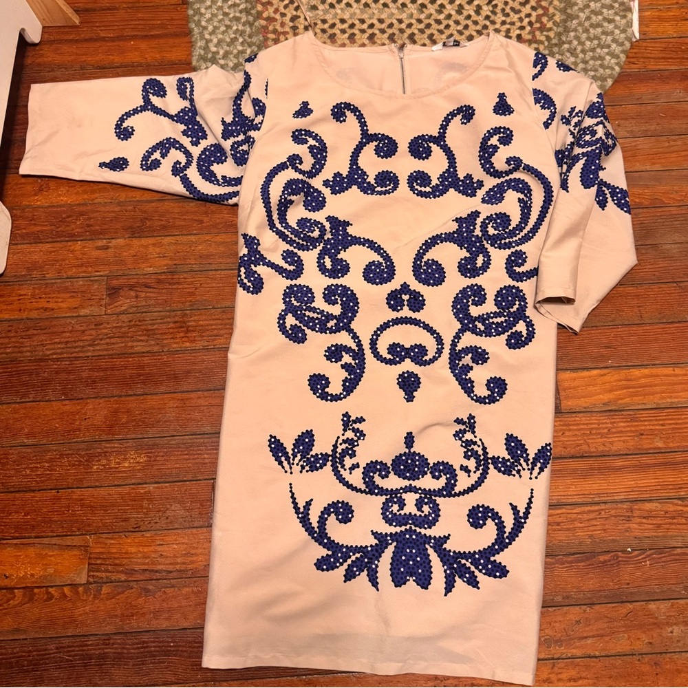 Chic Nation Beige Dress with Blue Embroidery